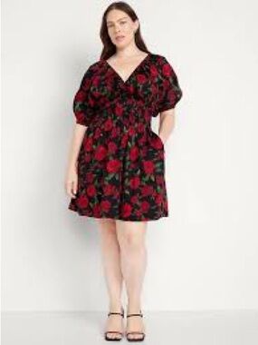 Old Navy Black Mini Dress with Red Rose Print